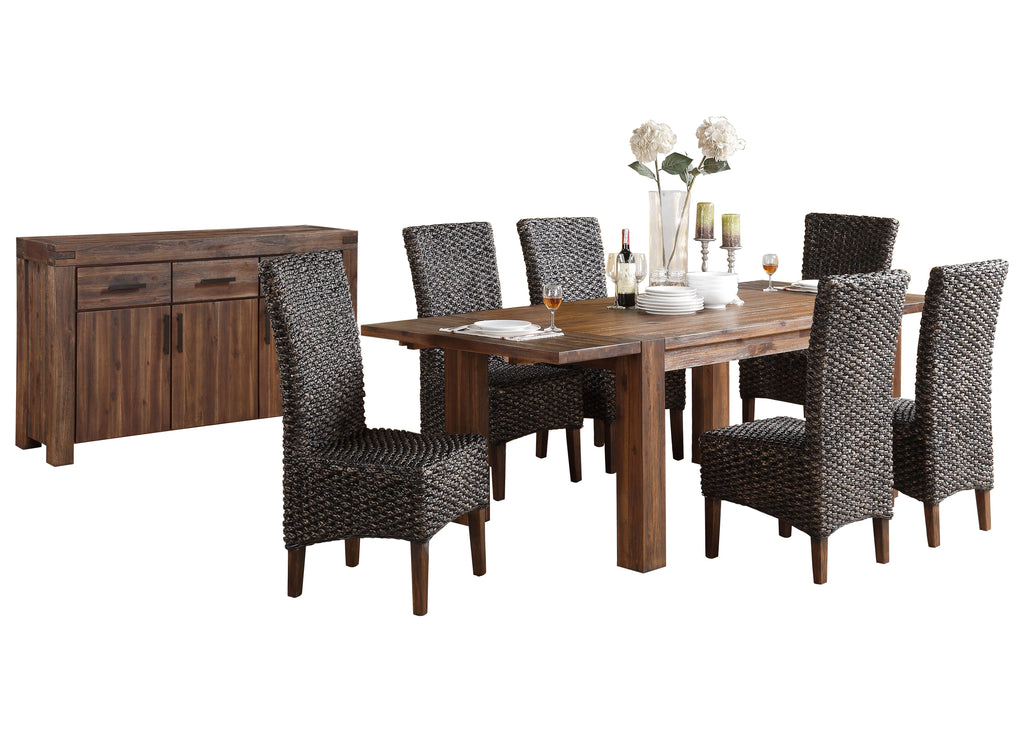 8PC Rectangle Table 6 Water Hyacinth Chair Sideboard Dining Set Acacia Rustic Brown R614675
