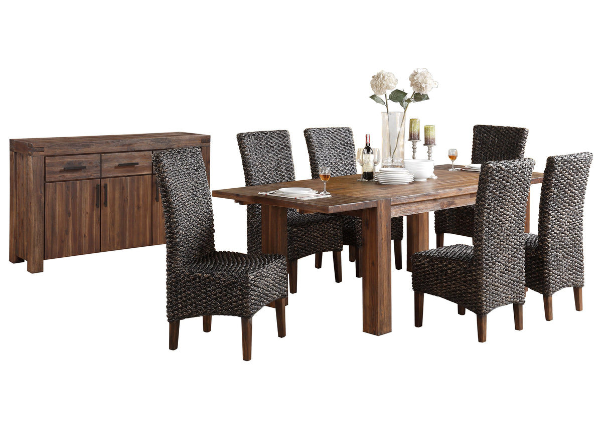 8PC Rectangle Table 6 Water Hyacinth Chair Sideboard Dining Set Acacia Rustic Brown R614675