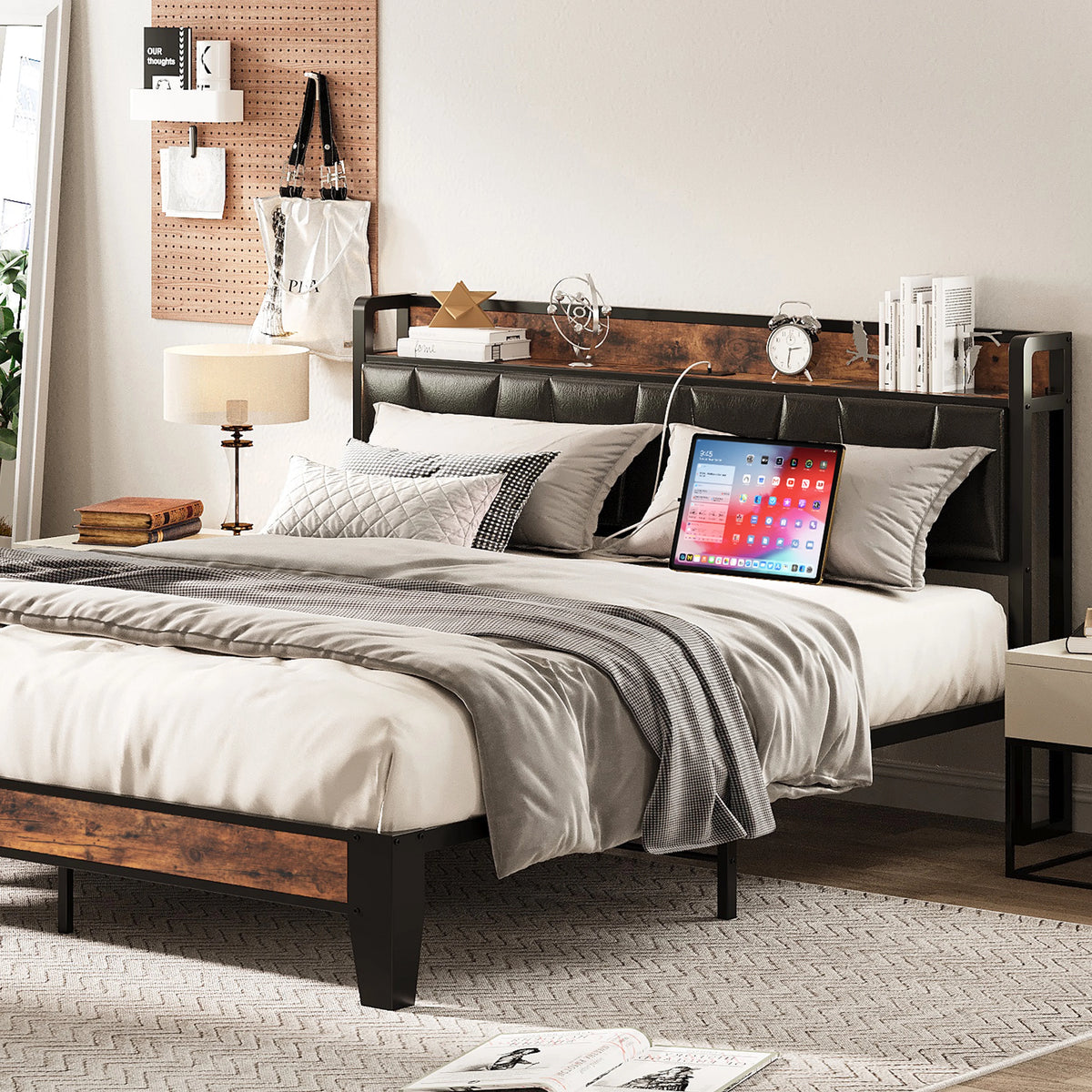 King Metal Bed Frame with Black Storage Headboard Y880221