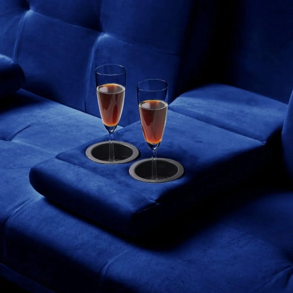 Blue Velvet Convertible Futon Sofa Bed with 2 Cup Holders Y5323