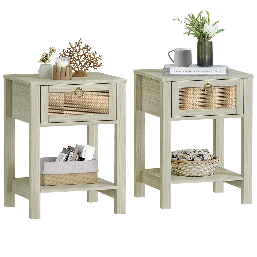 White Nightstand Set of 2 with Rattan Drawer and Open Storage Shelf I32611