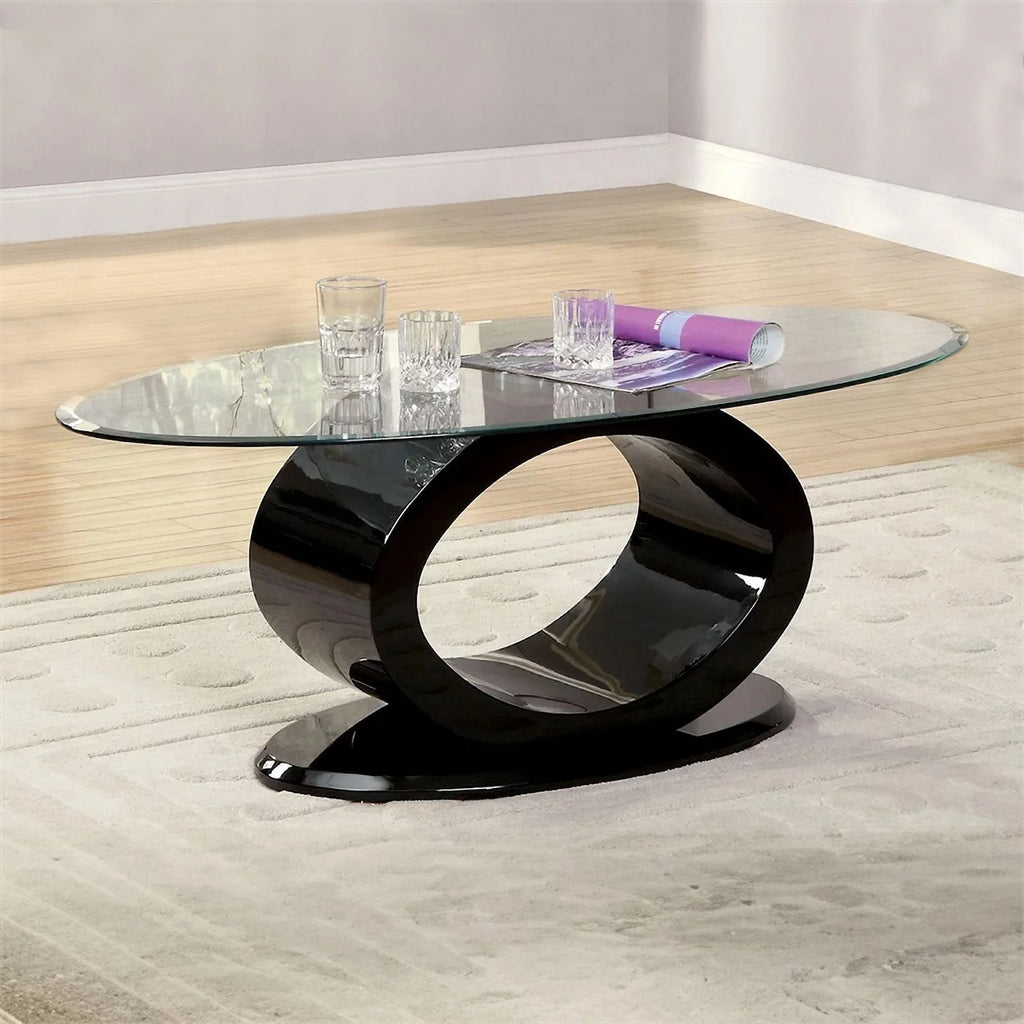 Contemporary Tempered Glass Top Coffee Table with O Shape Base, Black O596