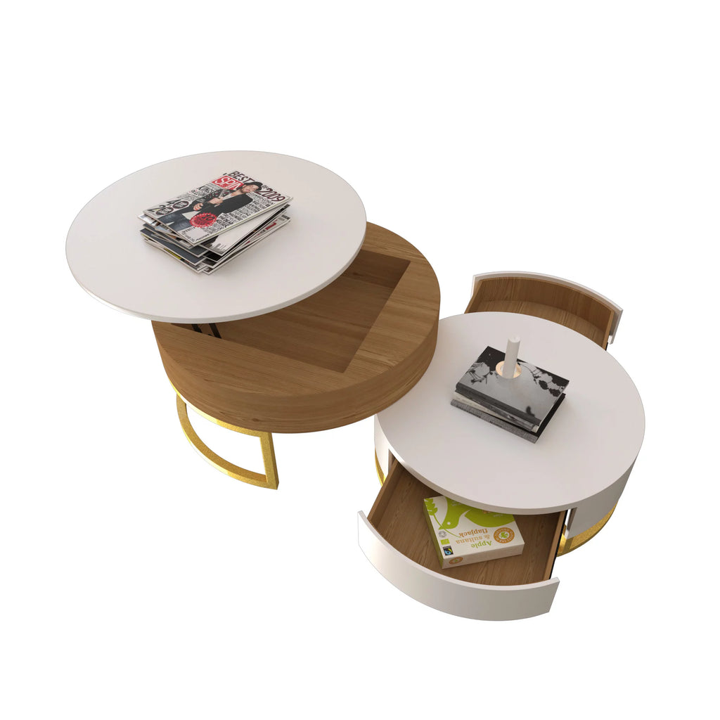Round Lift-Top Coffee Table Set of 2 Brown White H317
