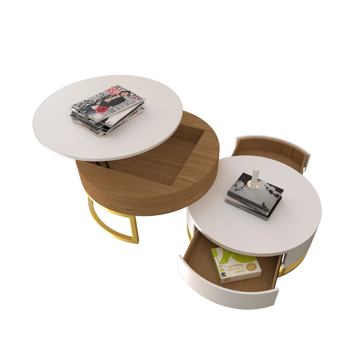 Round Lift-Top Coffee Table Set of 2 Brown White H317
