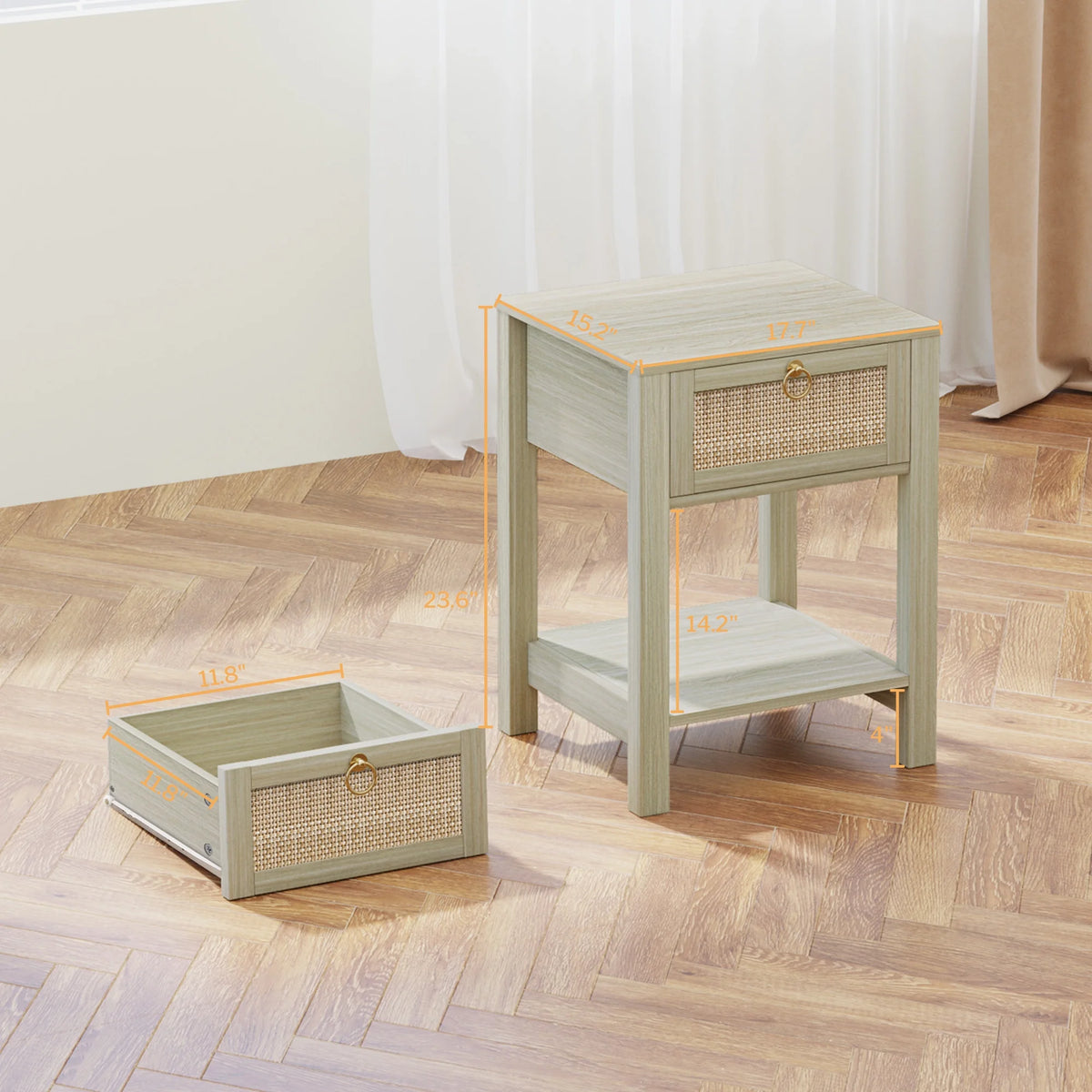 White Nightstand Set of 2 with Rattan Drawer and Open Storage Shelf I32611