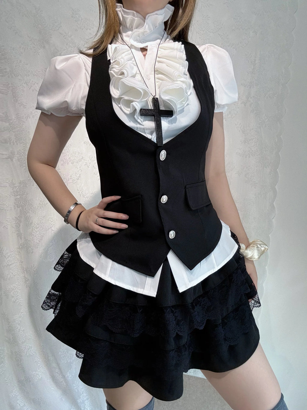 Vintage-Style Shirt, Vest & Mini Skirt Three-Piece Set T4673