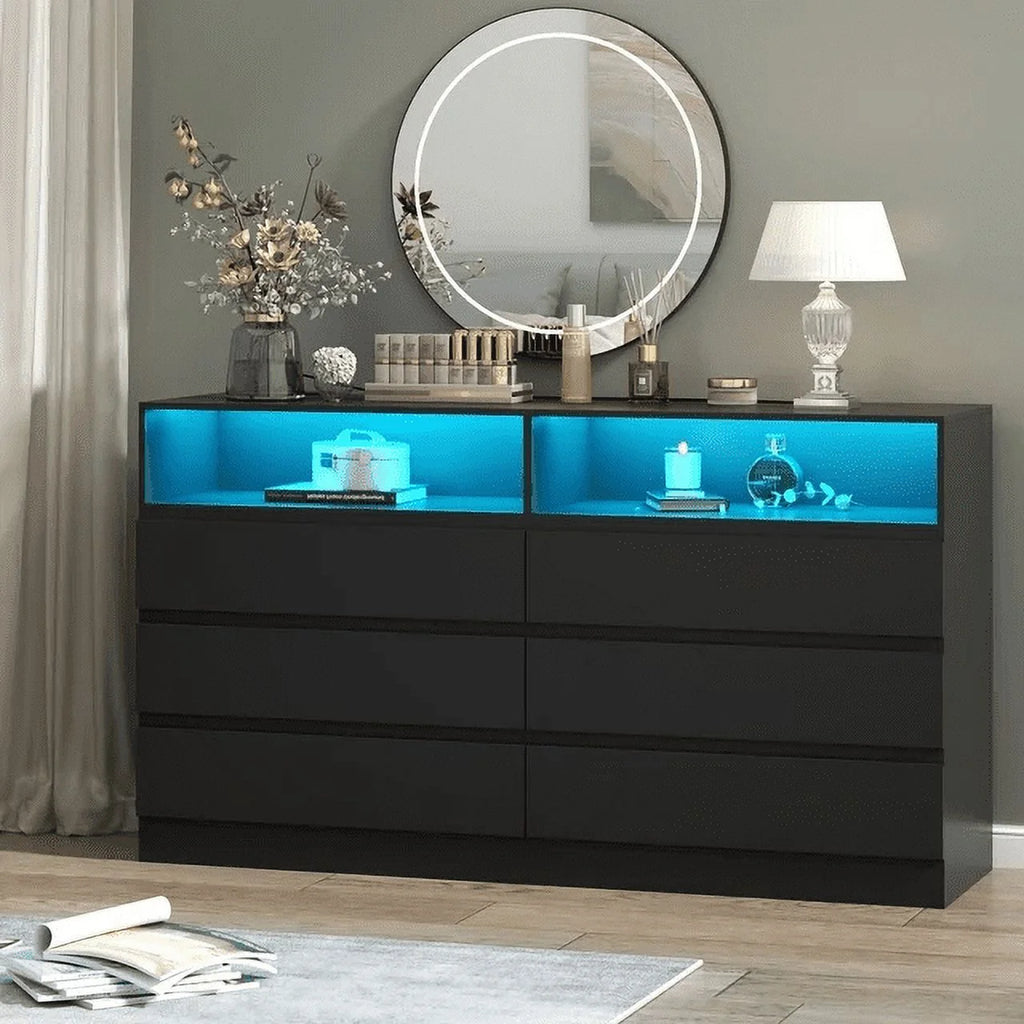White 6 Drawer Double Dresser with Power Outlet and LED Light C861