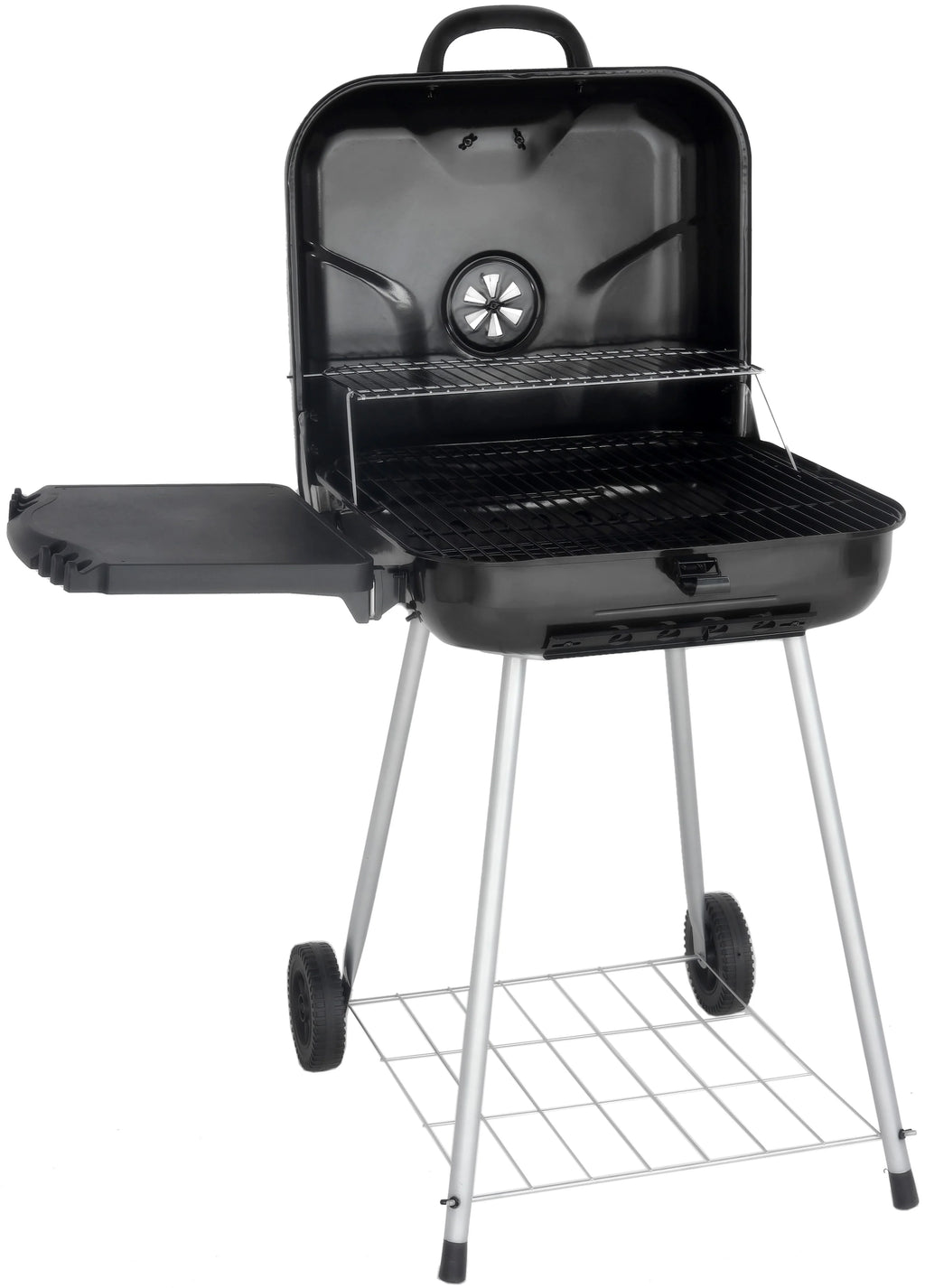 22 Square Steel Charcoal Grill with Foldable Side Shelf, Black Y625