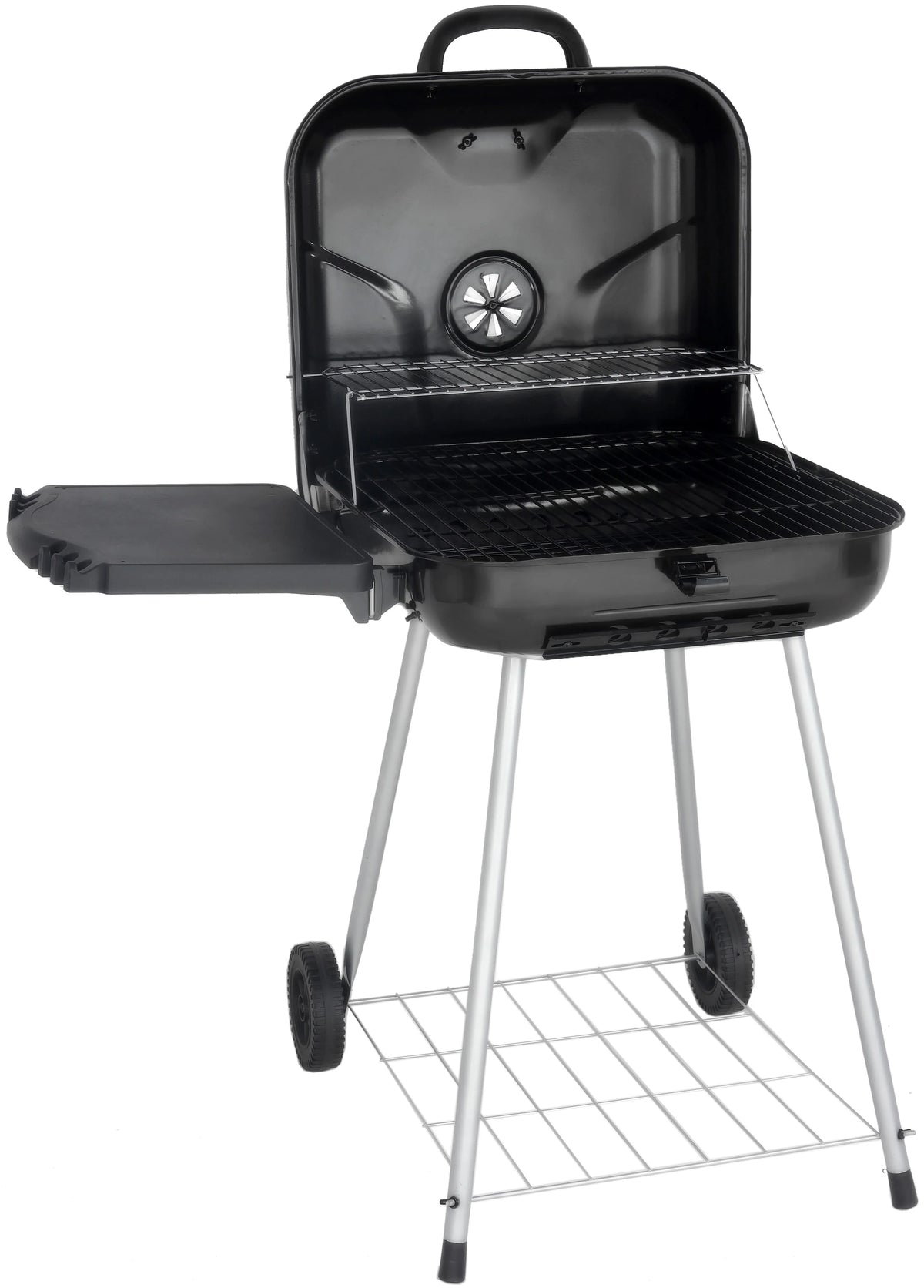 22 Square Steel Charcoal Grill with Foldable Side Shelf, Black Y625