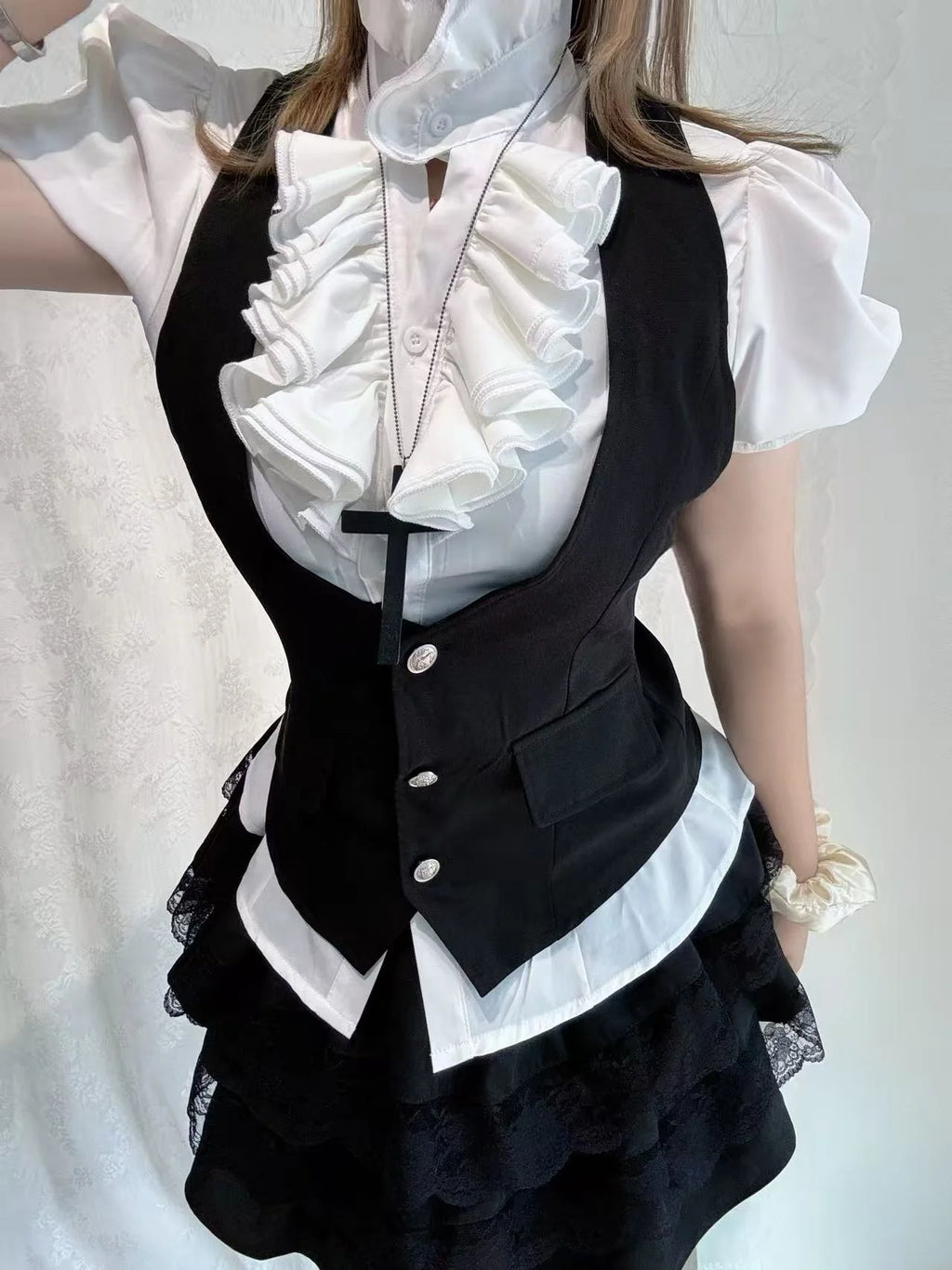 Vintage-Style Shirt, Vest & Mini Skirt Three-Piece Set T4673