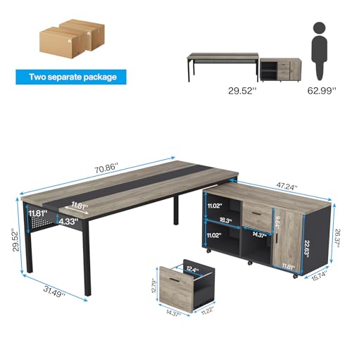 70.8" L-Shaped Computer Desk and File Cabinet Combo with Drawers and Shelves C13859