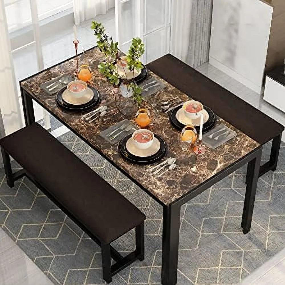 Dining Table Set for 4 with 2 PU Leather Upholstered Benches Q846