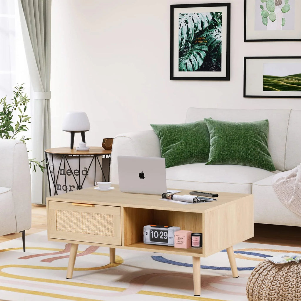 Rattan Coffee Table with 2 Drawers Natural Wood U2509