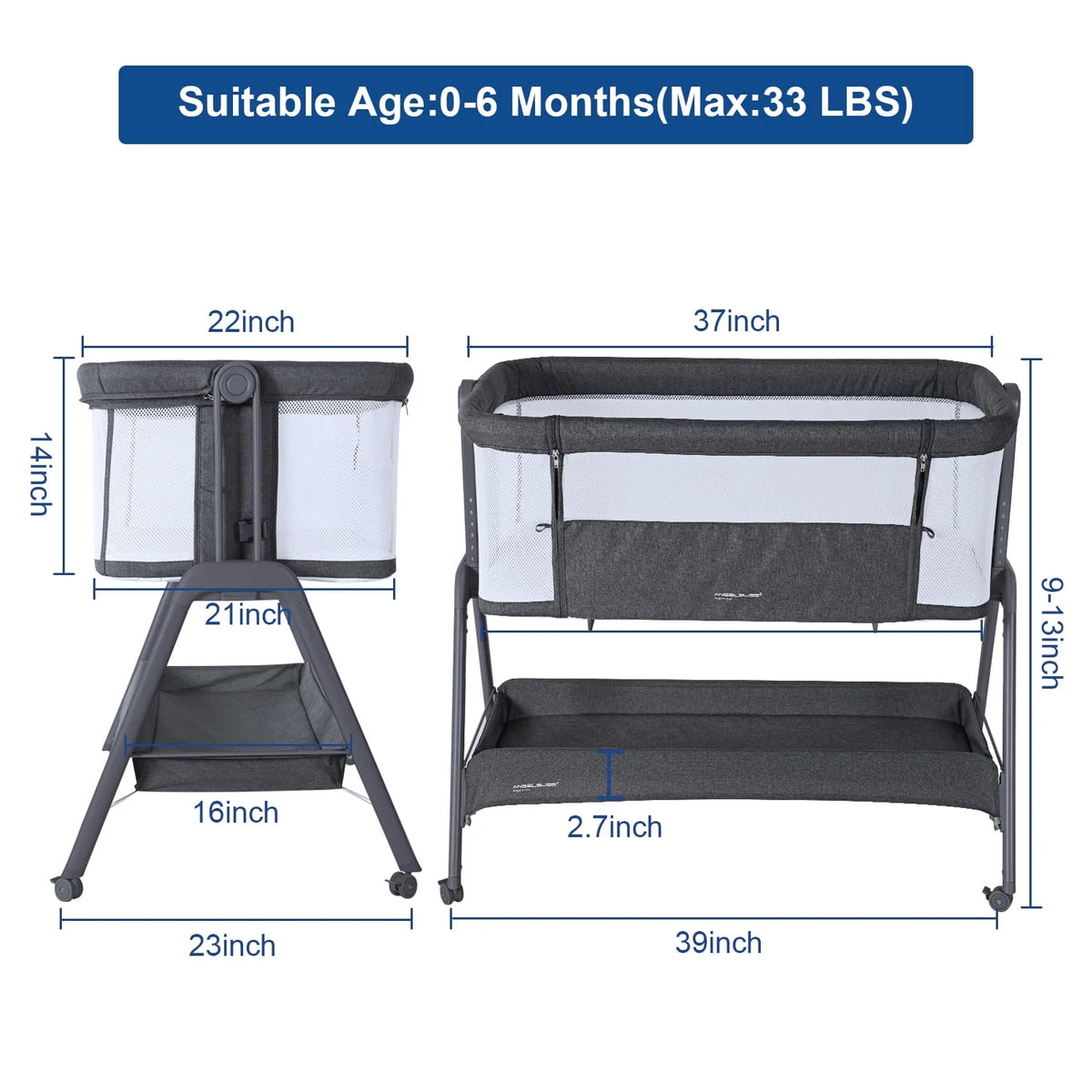Flat Bedside Bassinet with Storage Basket, Portable Crib with Wheels, Mesh, Mattress L782