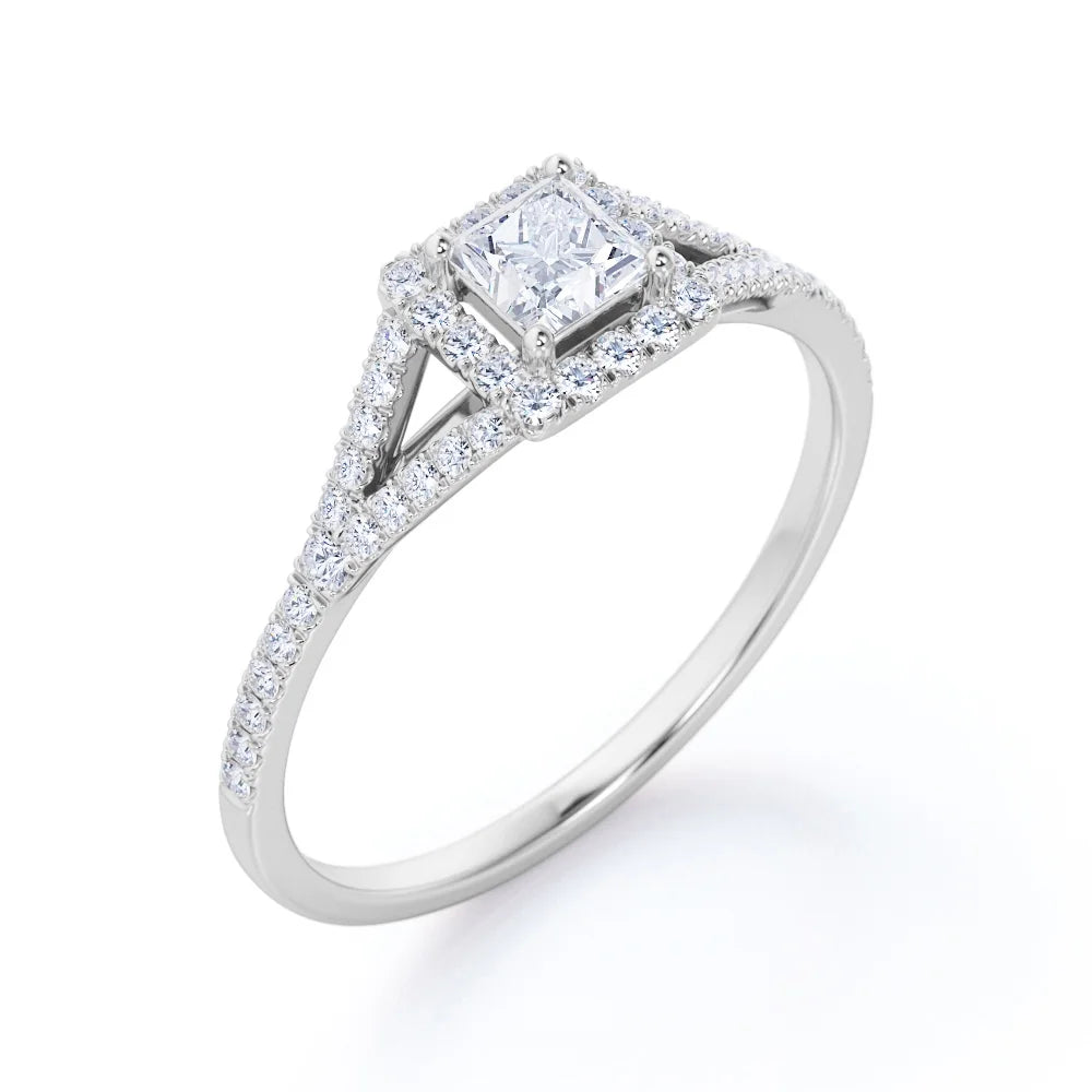 18K White Gold over Silver Princess Cut Diamond Halo Engagement Ring N2621