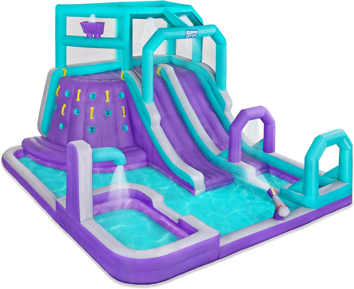 Inflatable Water Slide Park with Climbing Wall, 2 Slides, Pool, Air Pump & Carrying Case W845