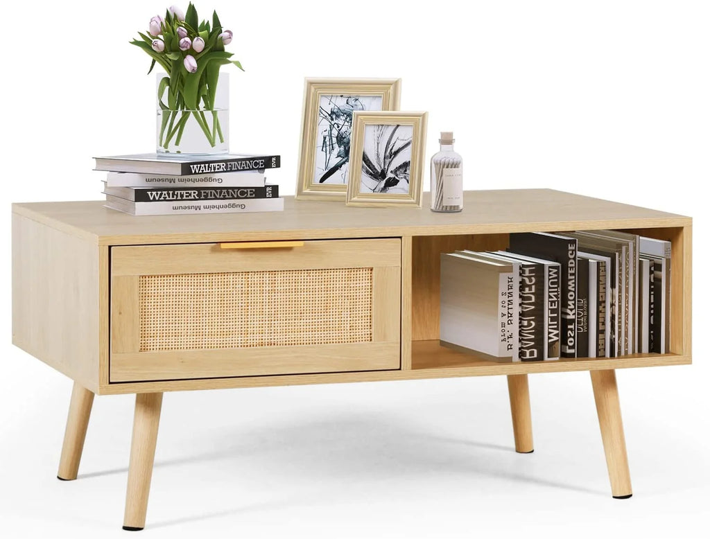 Rattan Coffee Table with 2 Drawers Natural Wood U2509