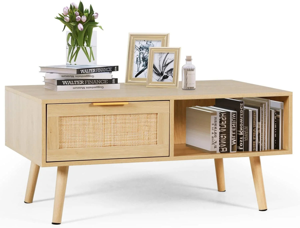 Rattan Coffee Table with 2 Drawers Natural Wood U2509