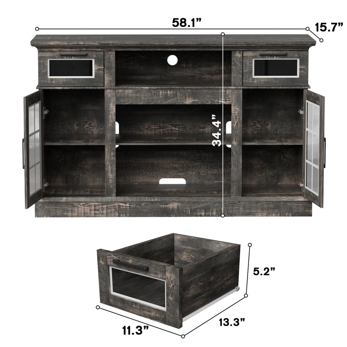 TV Stand with Glass Door & Drawer, 58 in Dark Rustic Oak B6933