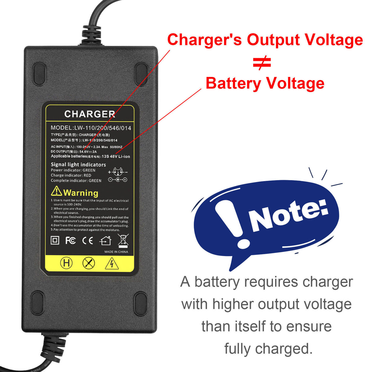 54.6V 2A Charger for 48 Volt Li-Ion Battery Pack Electric Bike D158