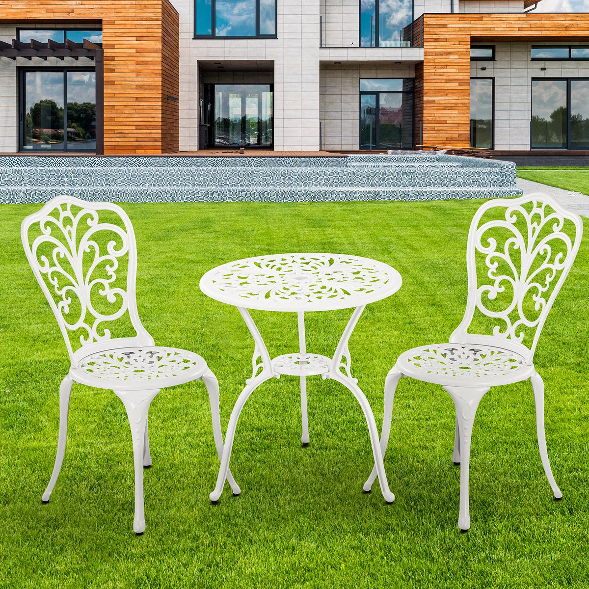 White Bistro Table and Chairs Set of 2 with Umbrella Hole C566428