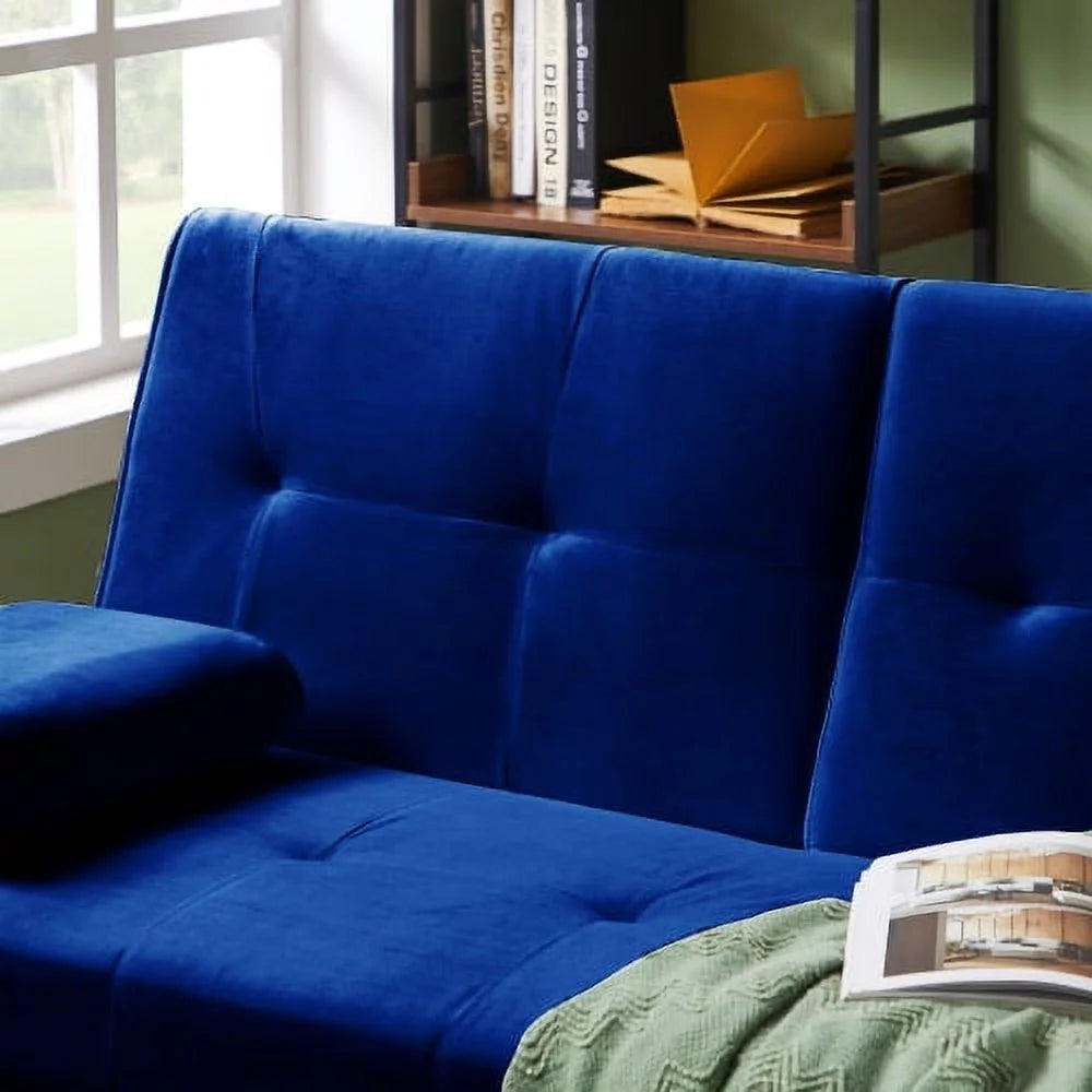 Blue Velvet Convertible Futon Sofa Bed with 2 Cup Holders Y5323