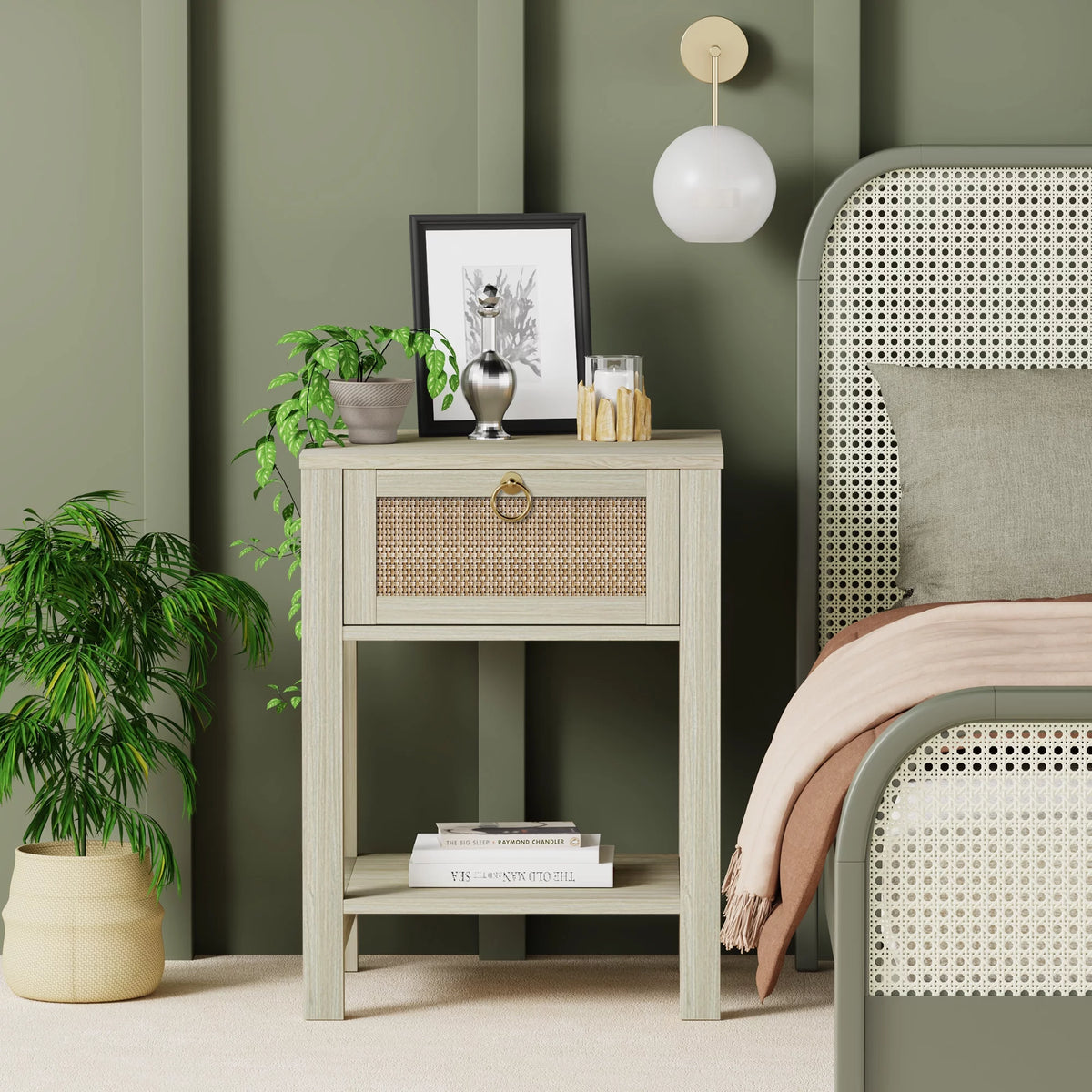 White Nightstand Set of 2 with Rattan Drawer and Open Storage Shelf I32611