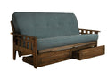 Rustic Walnut Full Futon with Linen Aqua Mattress and Storage Drawers Z1792