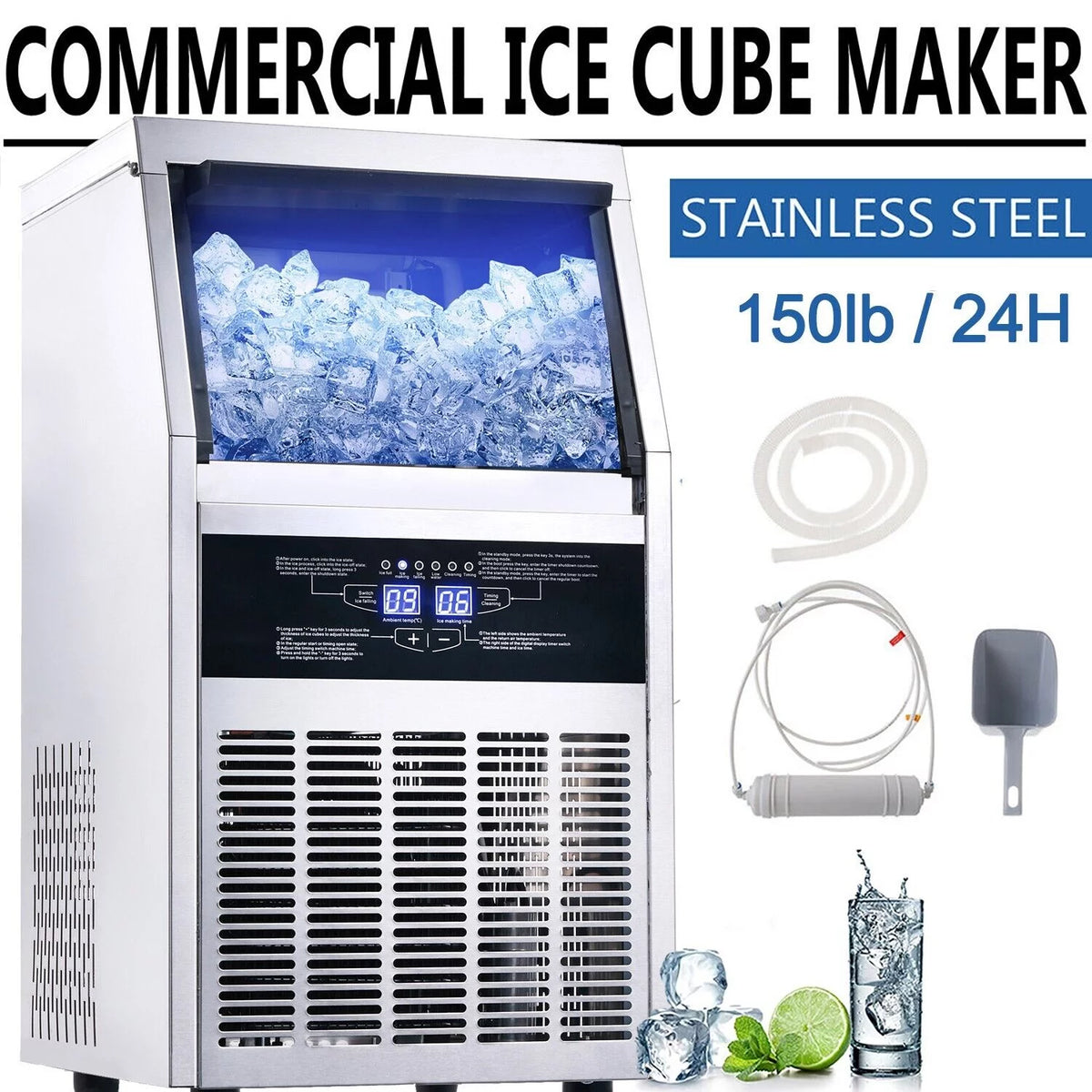 Commercial Ice Maker 150lb Stainless Steel Cube Machine D9236