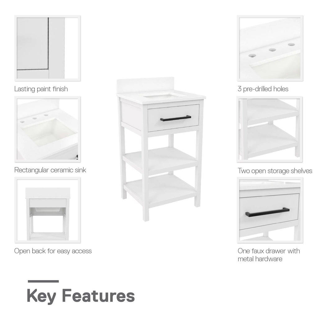 White 20 Inch Bathroom Vanity with Countertop and 2 Storage Shelves A682903