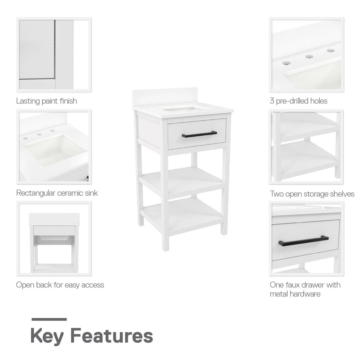 White 20 Inch Bathroom Vanity with Countertop and 2 Storage Shelves A682903