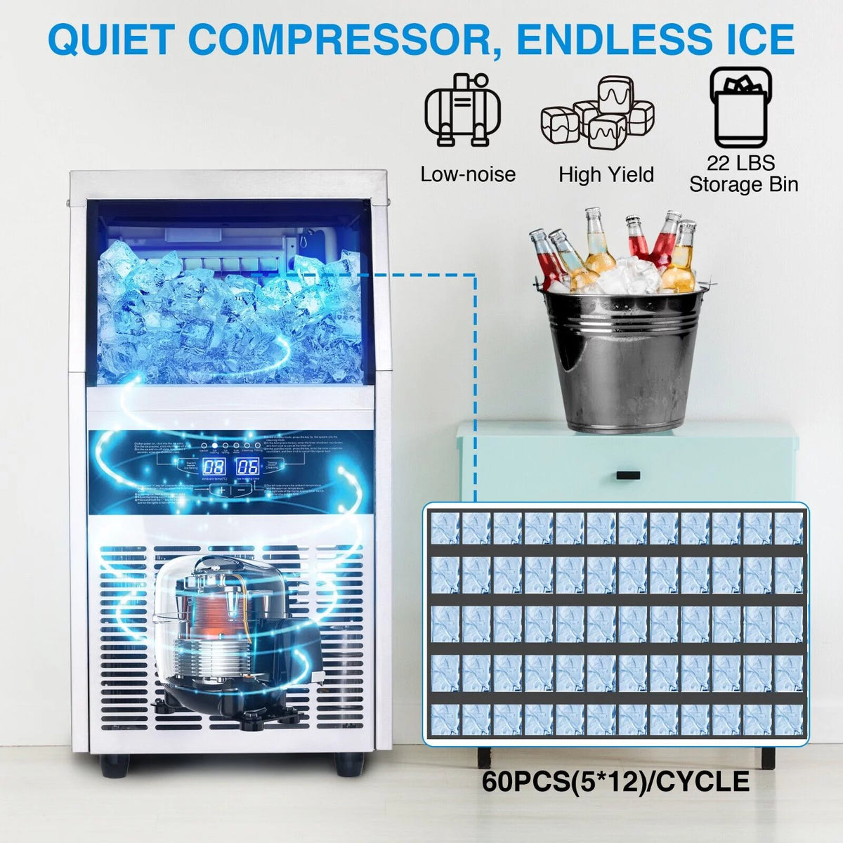 Commercial Ice Maker 150lb Stainless Steel Cube Machine D9236