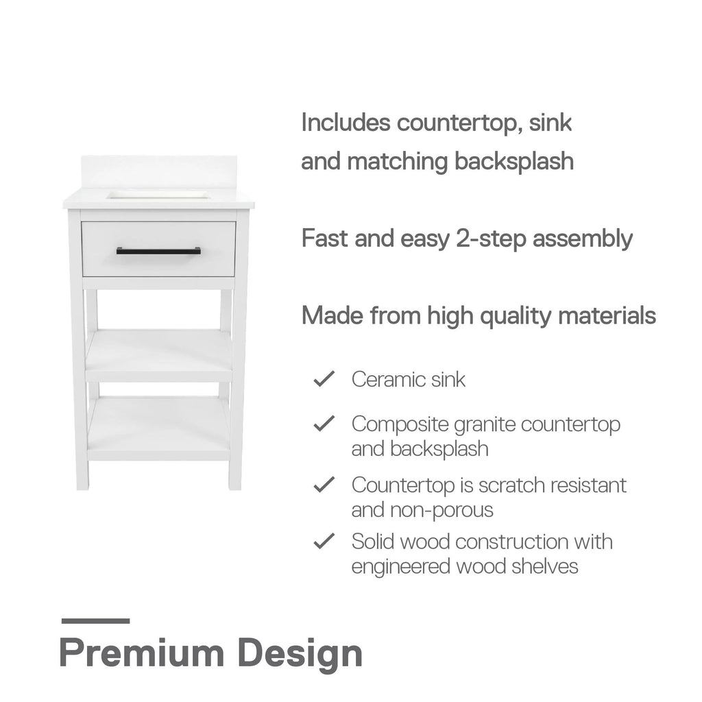 White 20 Inch Bathroom Vanity with Countertop and 2 Storage Shelves A682903