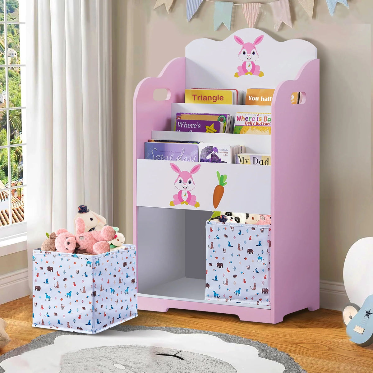 Pink Wood 4 Tier Kids Bookshelf with Toy Bin H822467