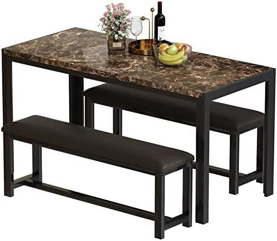 Dining Table Set for 4 with 2 PU Leather Upholstered Benches Q846