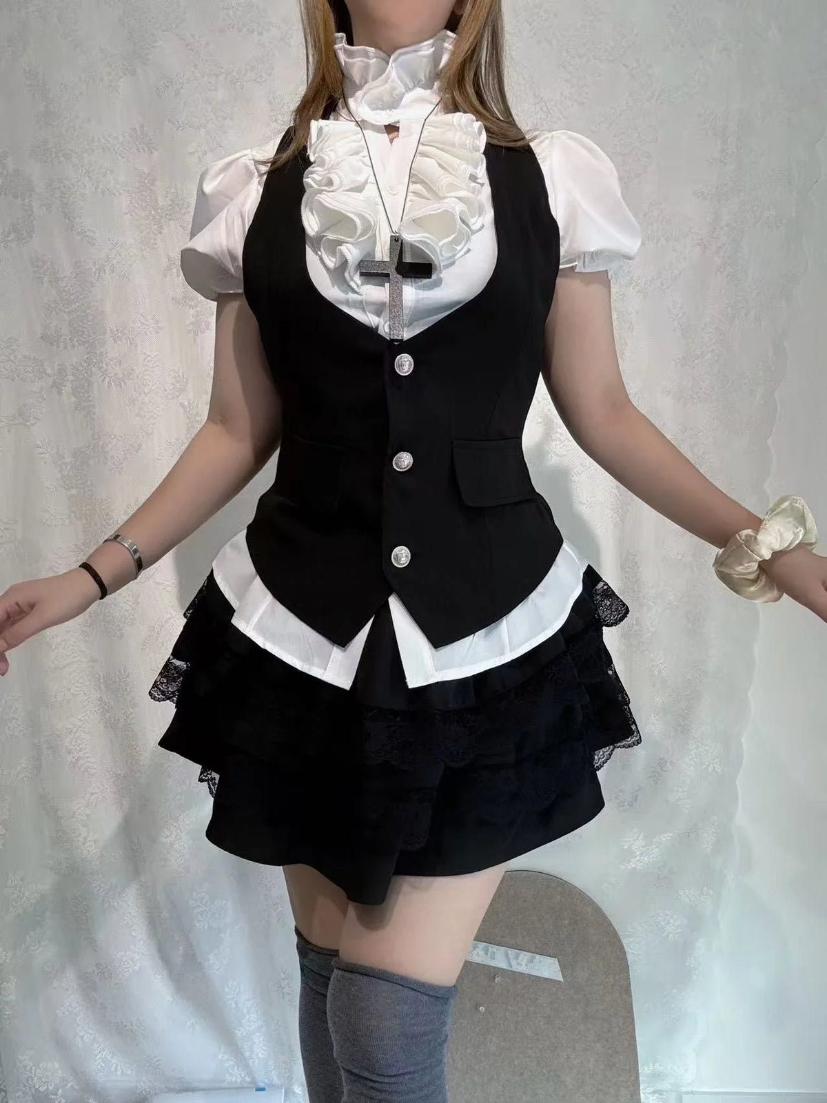 Vintage-Style Shirt, Vest & Mini Skirt Three-Piece Set T4673