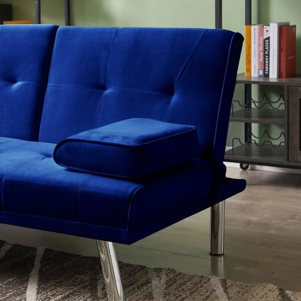 Blue Velvet Convertible Futon Sofa Bed with 2 Cup Holders Y5323