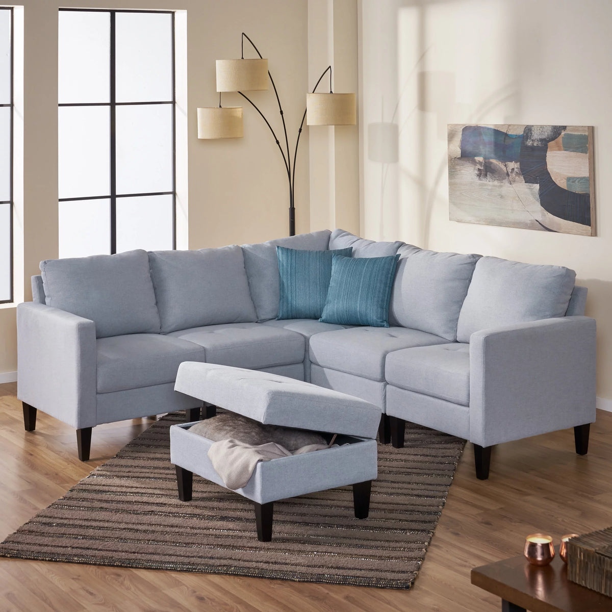 Light Gray Fabric 5 Seater Sectional Sofa with Storage Ottoman Q845238
