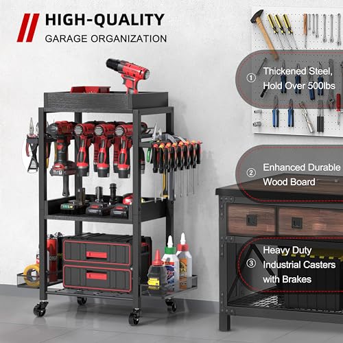 Power Tool Organizer with Rolling Cart and Open Tool Chest Cabinet J82983