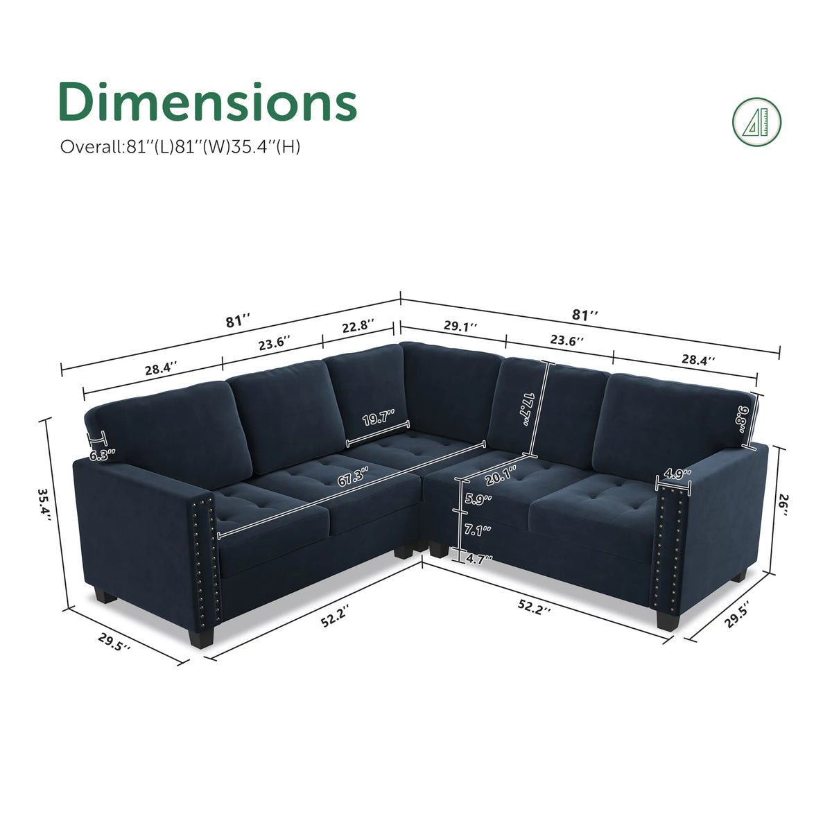 Dark Navy Blue L-Shaped Sectional Sofa T29732