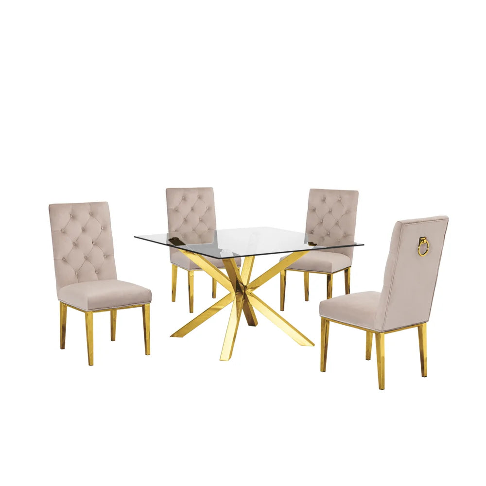 5pc Glass Dining Set with Velvet Chairs I8092