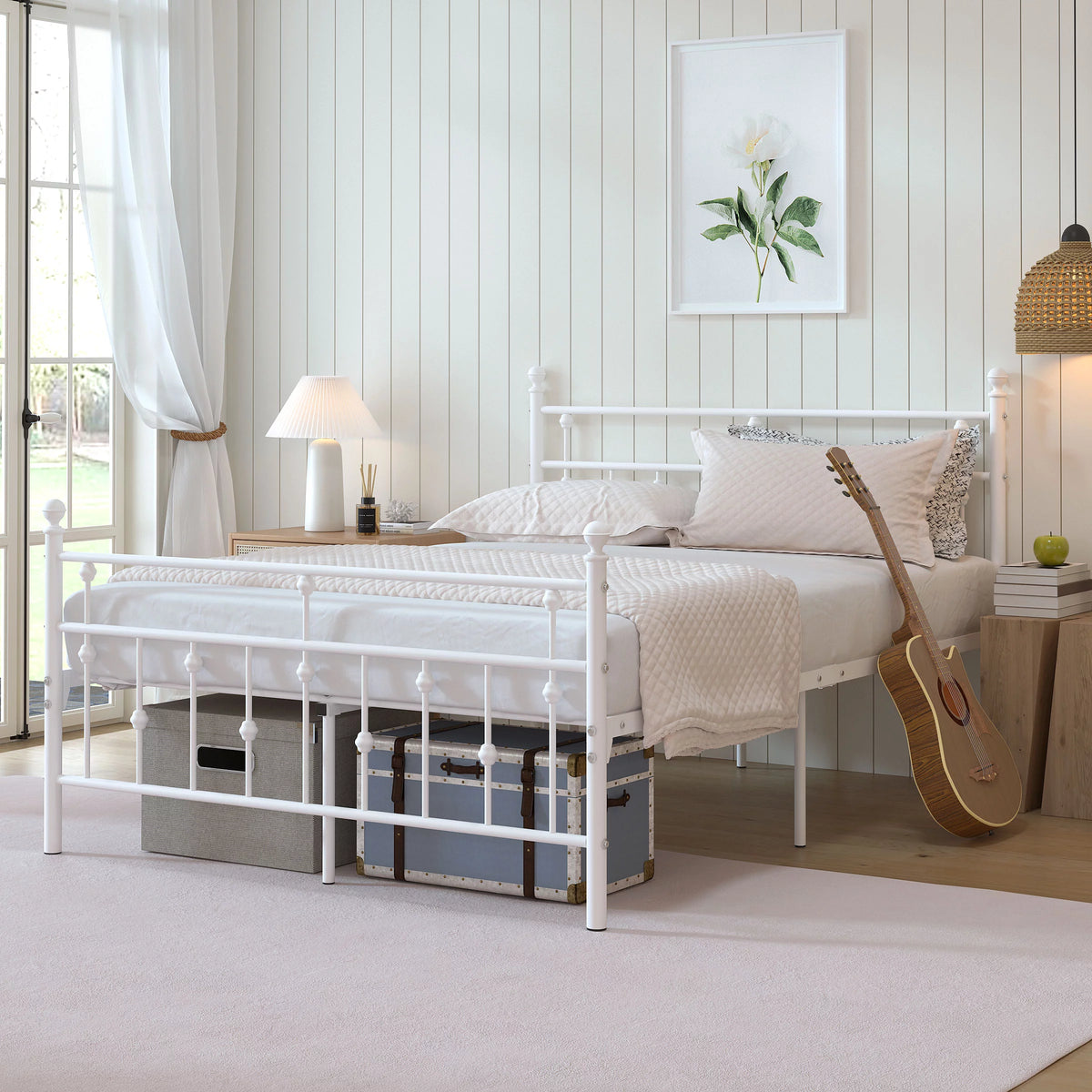 White Full Size Metal Platform Bed Frame with Headboard Footboard C823