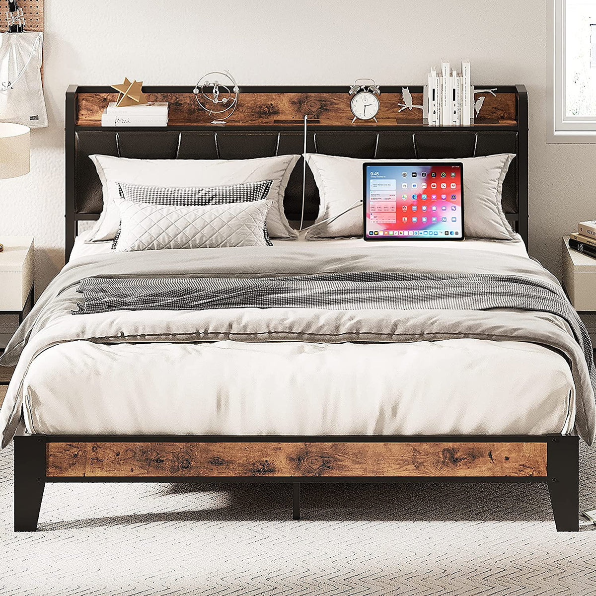 King Metal Bed Frame with Black Storage Headboard Y880221